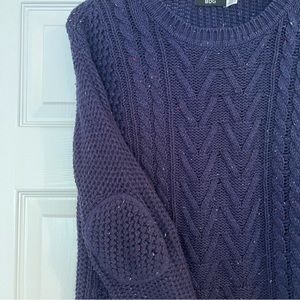 BDG X UO Navy Speckled Cable Knit Sweater with Elbow Patches